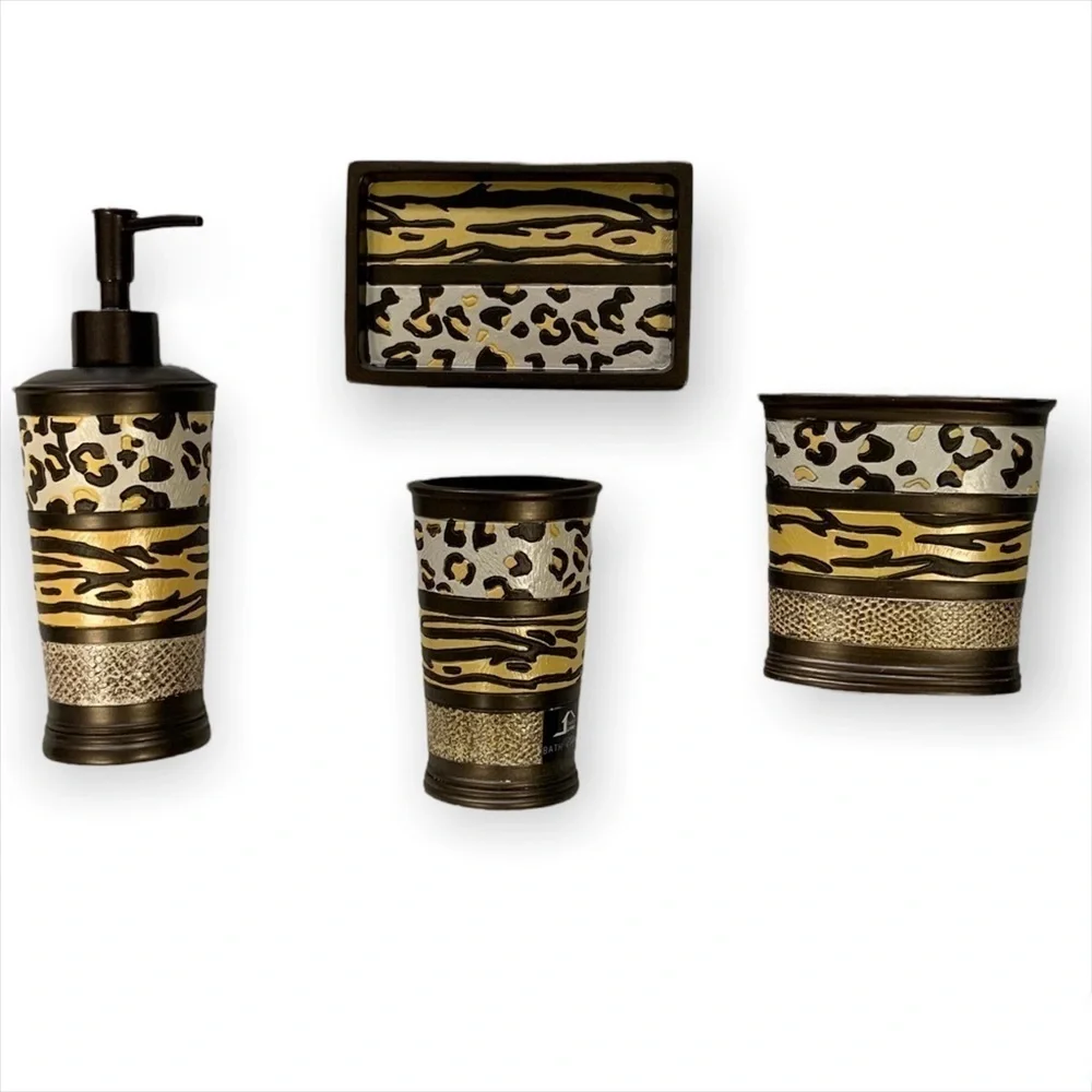 Animal Print Exotic Bathroom Accessory 4 Piece Set Brown Tan Multicolor Gazelle